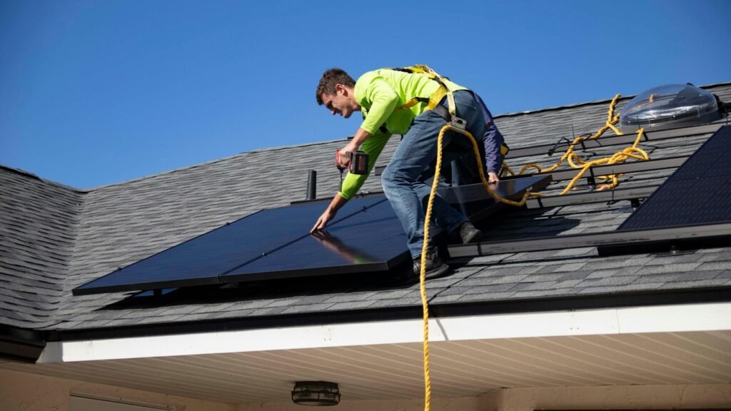 Solar installer mounting a panel on a roof